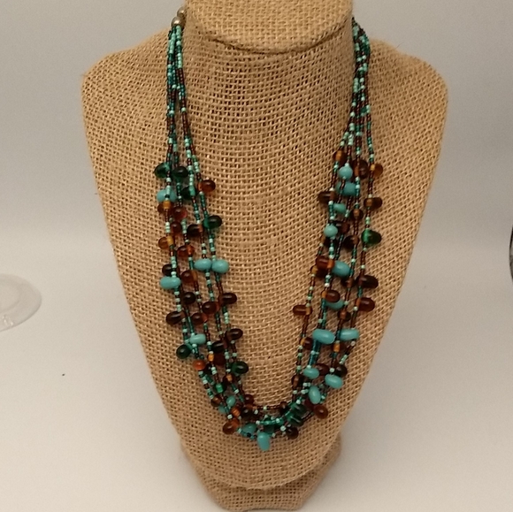 Artisan Multi Tiered VTG Colorful Teal & Amber Glass Bead Necklace & Earring Set - Picture 2 of 10